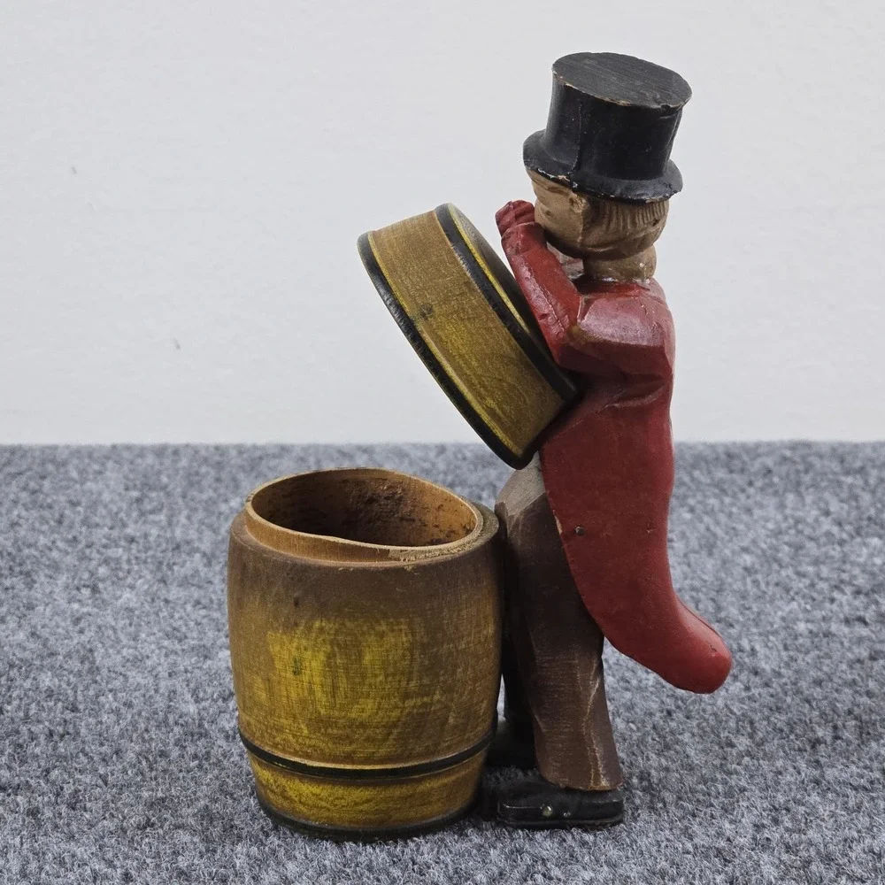 Vintage Mid‎ Century Wood Figural Man Barrel Trinket Box Folk Art